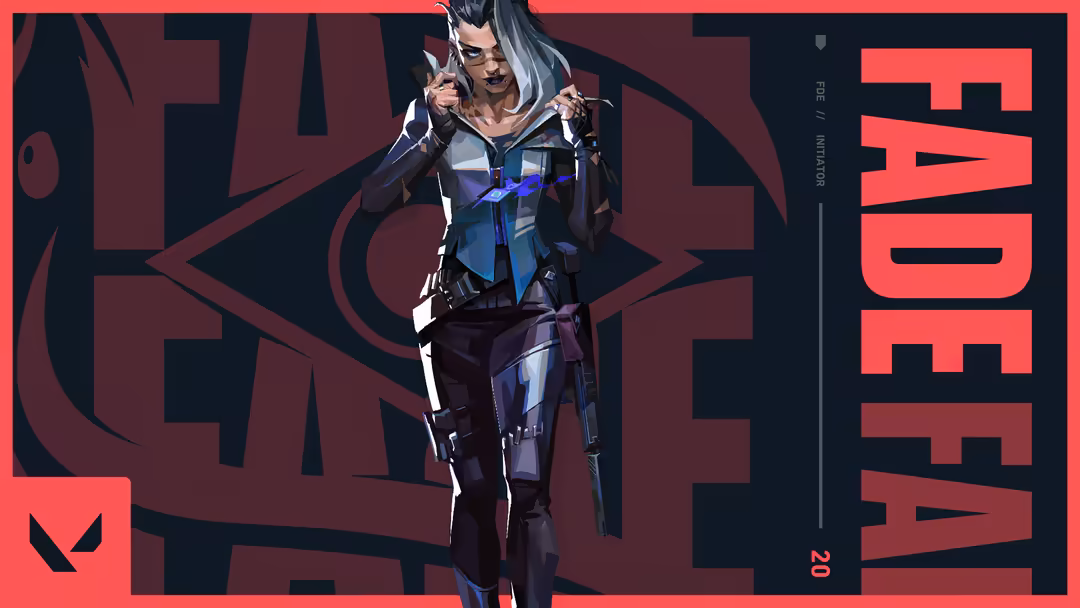 Valorant Fade agent in tactical combat suit with weapons, striking pose against dark red geometric background with typography