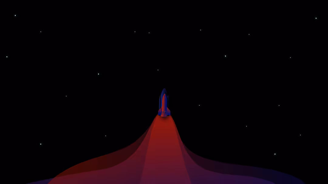 A stylized rocket launching upward against a dark starry night sky with scattered stars, featuring red and blue gradient colo