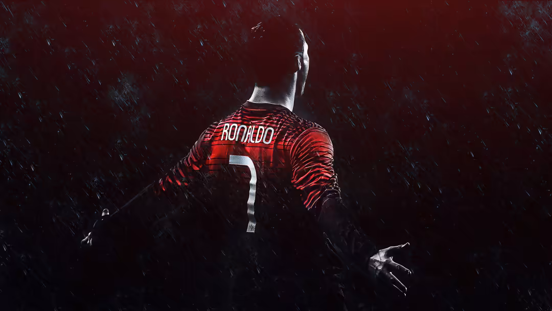 Cristiano Ronaldo in red Manchester United jersey standing in heavy rain against dark background with dramatic lighting