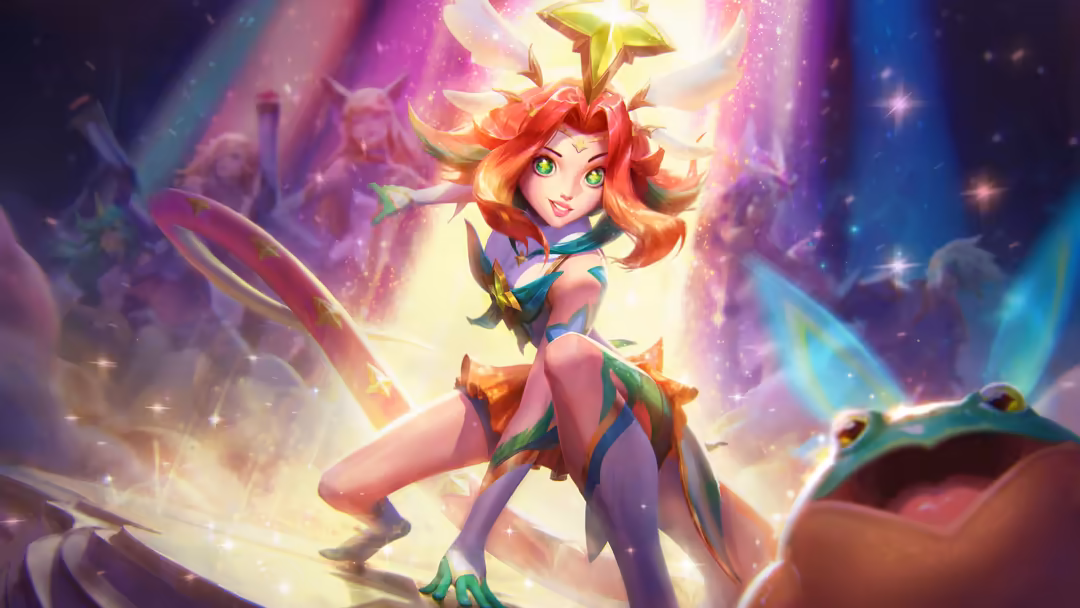 Animated female character with red hair and green eyes wearing colorful armor, glowing with magical energy and vibrant sparkl