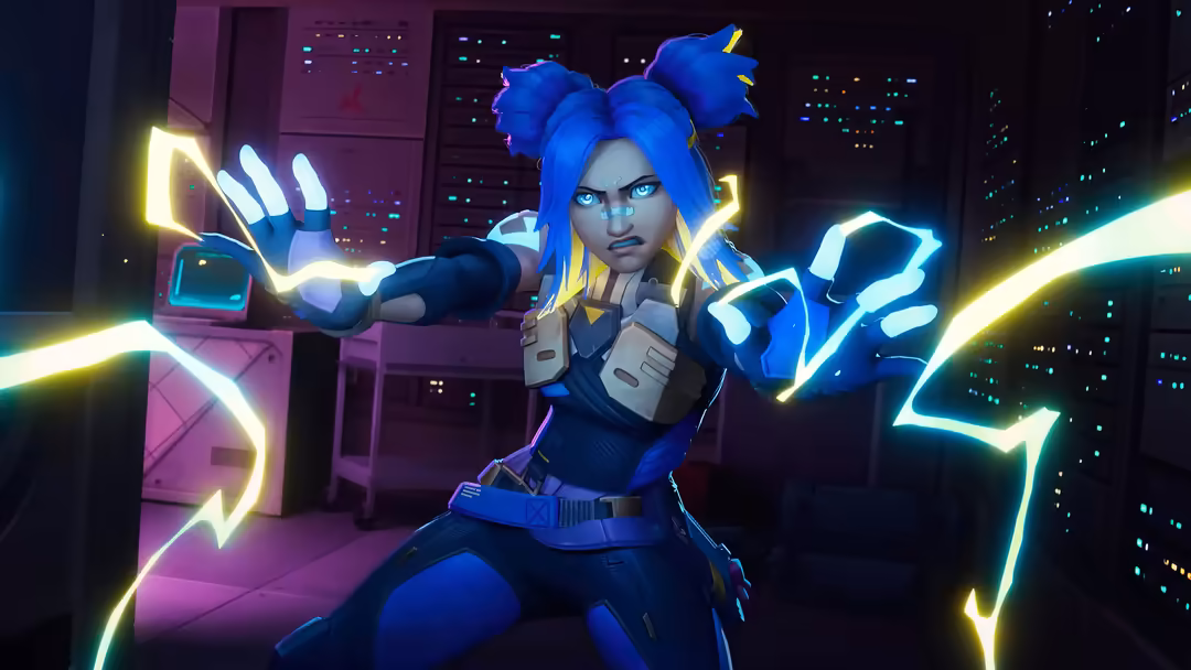 Blue-haired cyberpunk character with neon electric energy effects in futuristic city environment with glowing pink and cyan l