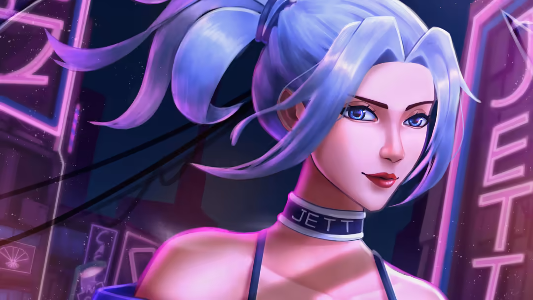 Anime-style character Jett from Valorant with purple hair and neon-lit cyberpunk aesthetic, surrounded by glowing pink and bl