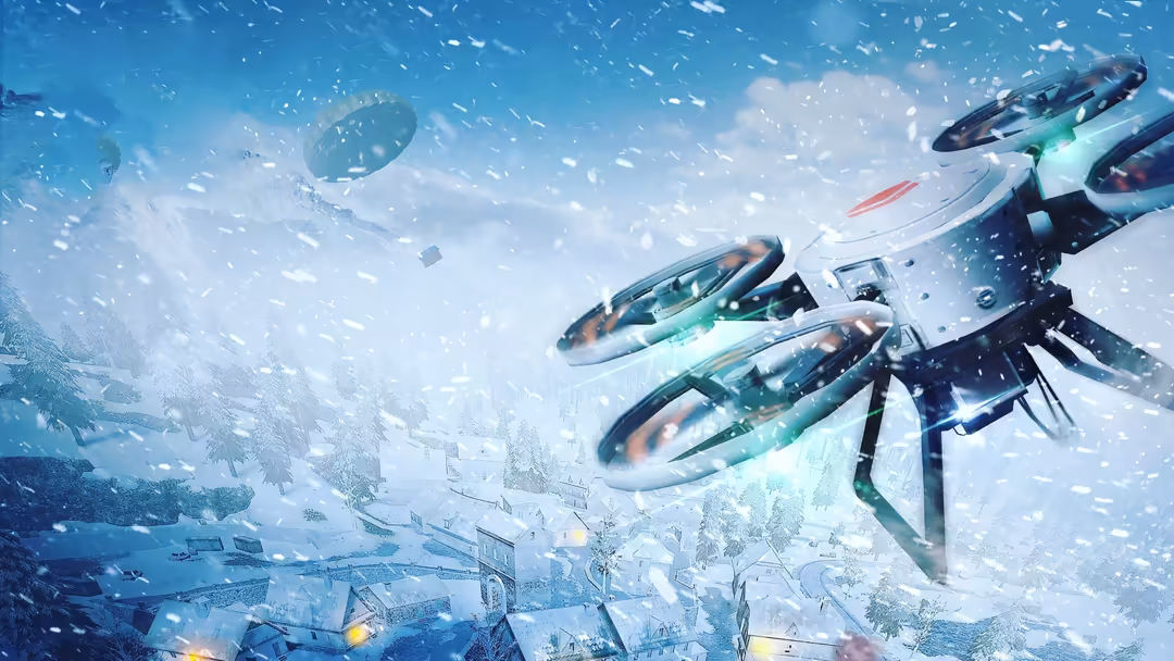 Futuristic combat aircraft engage in aerial battle over snowy landscape with frozen terrain and particle effects in blue tone