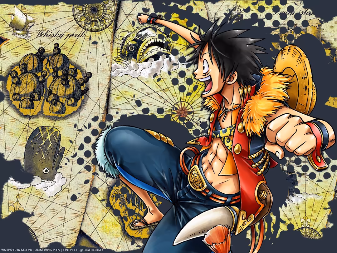 Animated character Monkey D. Luffy in red shirt with yellow straw hat, surrounded by nautical maps, compasses, and treasure e