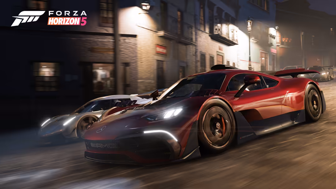 Red and silver sports cars racing through a nighttime city street in Forza Horizon 5 video game