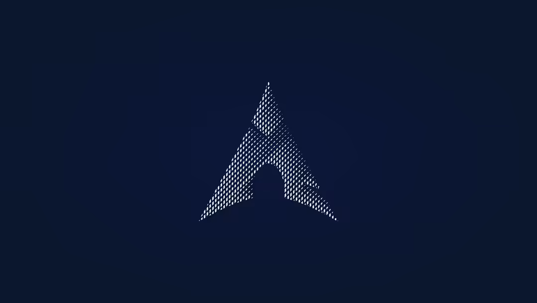 Minimalist cyberpunk arrow shape with dot-matrix texture pattern on deep navy background, geometric digital art design