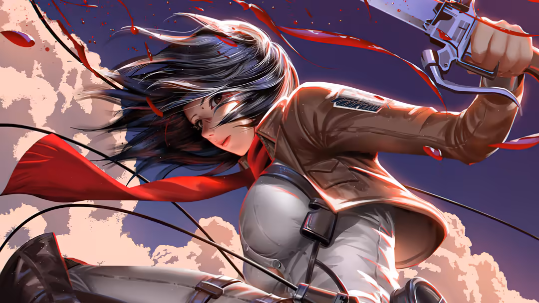 Mikasa Ackerman with dark flowing hair and red scarf in dynamic action pose wearing brown tactical gear against purple stormy