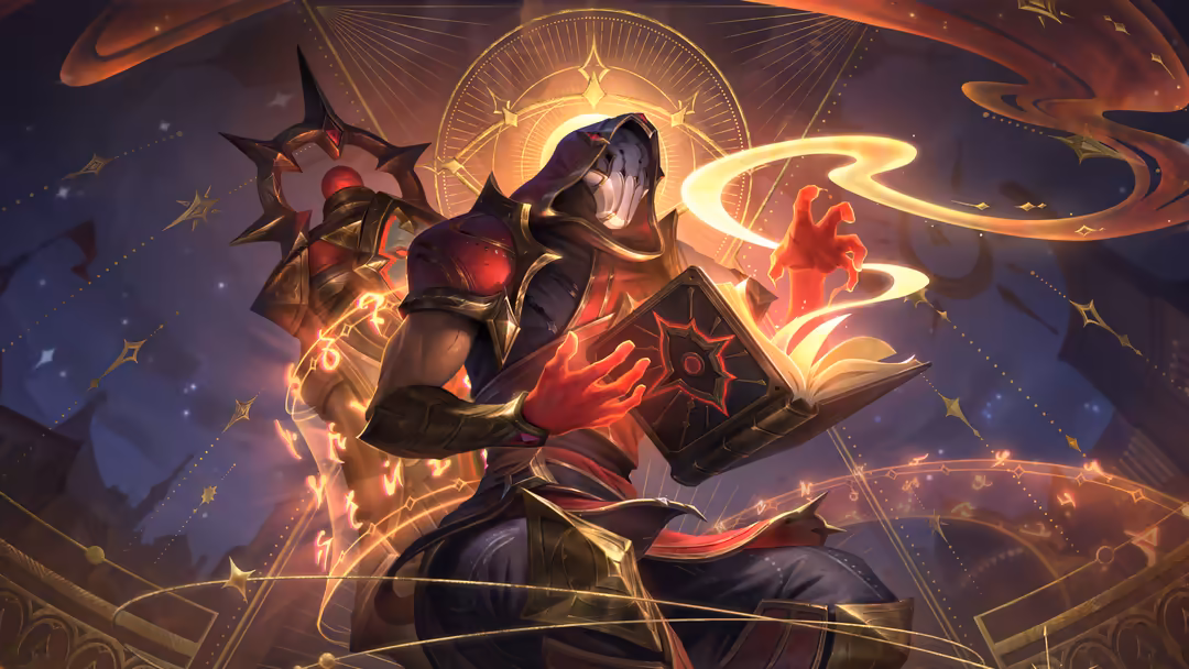 Mystical spellcaster with golden aura and red magic, surrounded by glowing runes and celestial symbols in dark fantasy settin