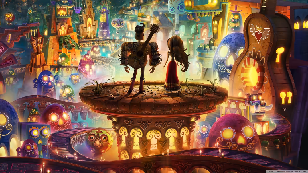 Silhouettes of two figures standing on a stone platform surrounded by glowing golden lanterns and ornate magical portals emit