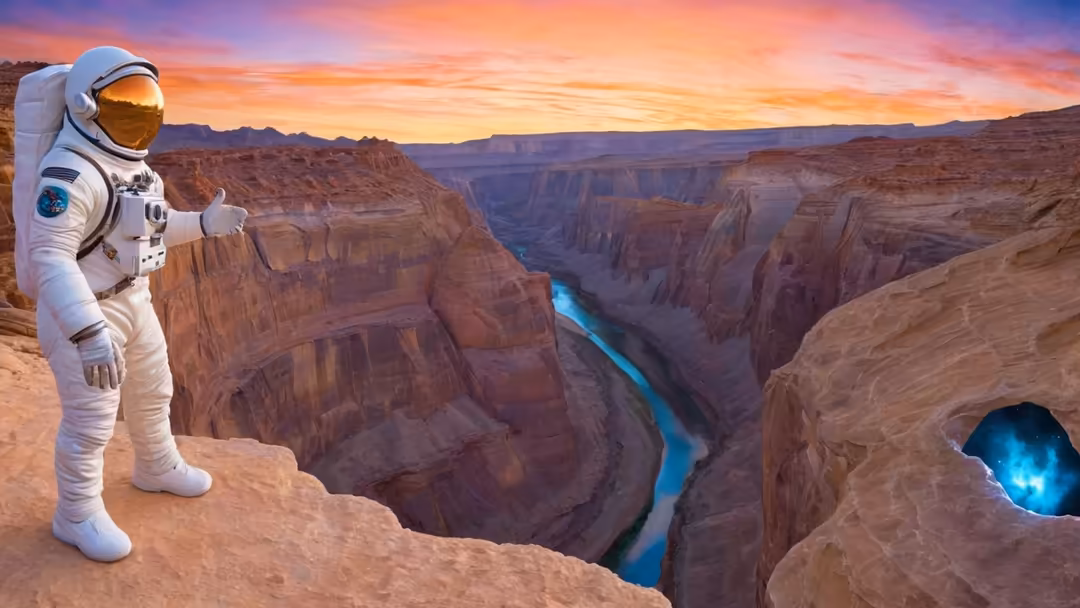Astronaut in white spacesuit standing on desert cliff edge overlooking vast canyon with blue river and golden sunset sky abov