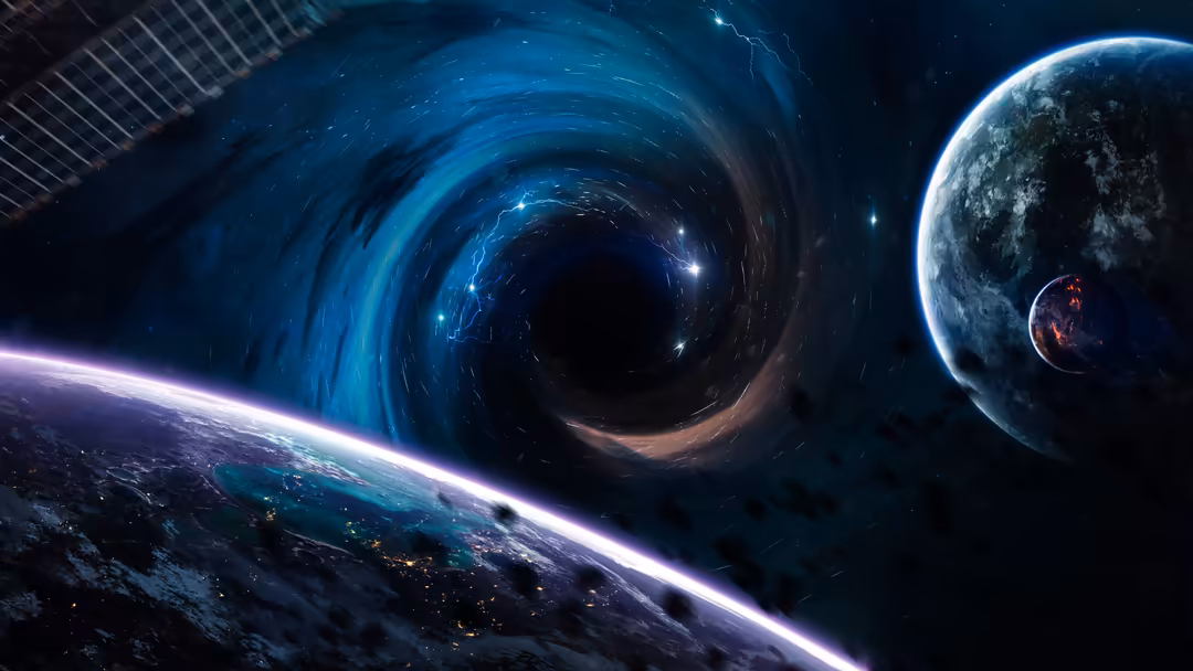 A surreal cosmic scene featuring a massive black hole with swirling blue accretion disk, illuminated planet with red glow, an