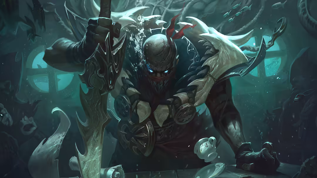 Dark armored fantasy character Pyke with ornate weapons in a mystical teal-lit underwater environment surrounded by ethereal