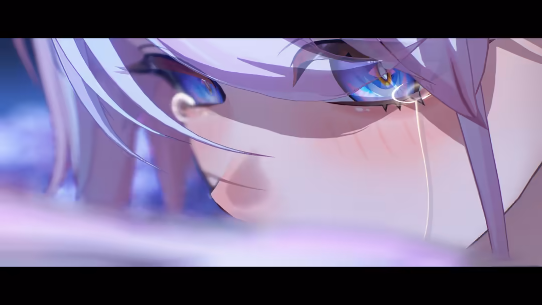 Anime character Denia with luminous blue eyes and flowing purple hair, surrounded by ethereal light effects and mystical ener