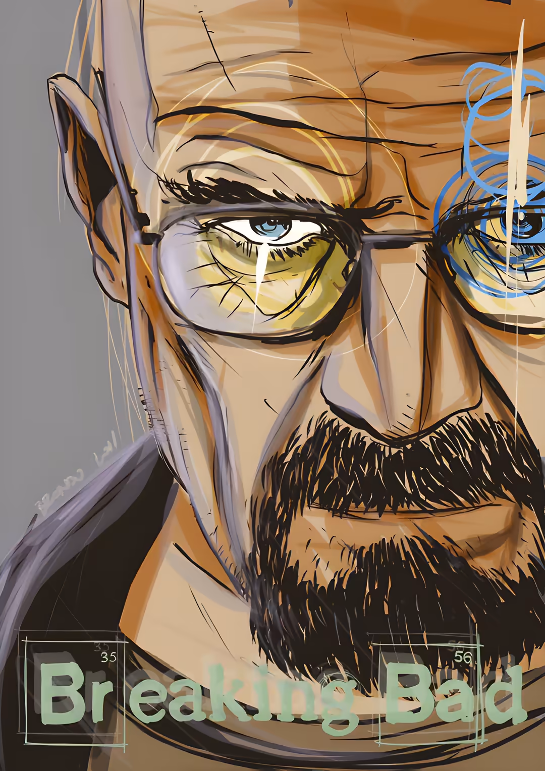 Bold pop art portrait of a bearded man wearing glasses with orange and blue tones, featuring breaking bad typography at botto