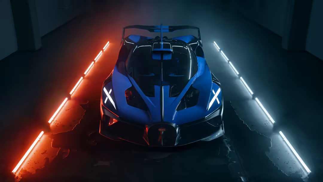 Blue and black Bugatti Bolide sports car illuminated by red and white neon lights in a dark garage setting