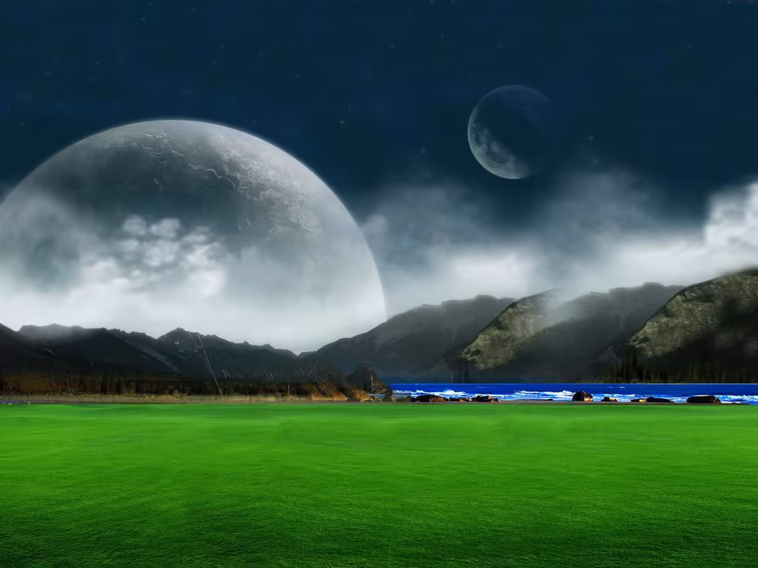 Surreal alien landscape with massive glowing planet suspended above misty mountains, smaller moon in starry teal sky, vivid g