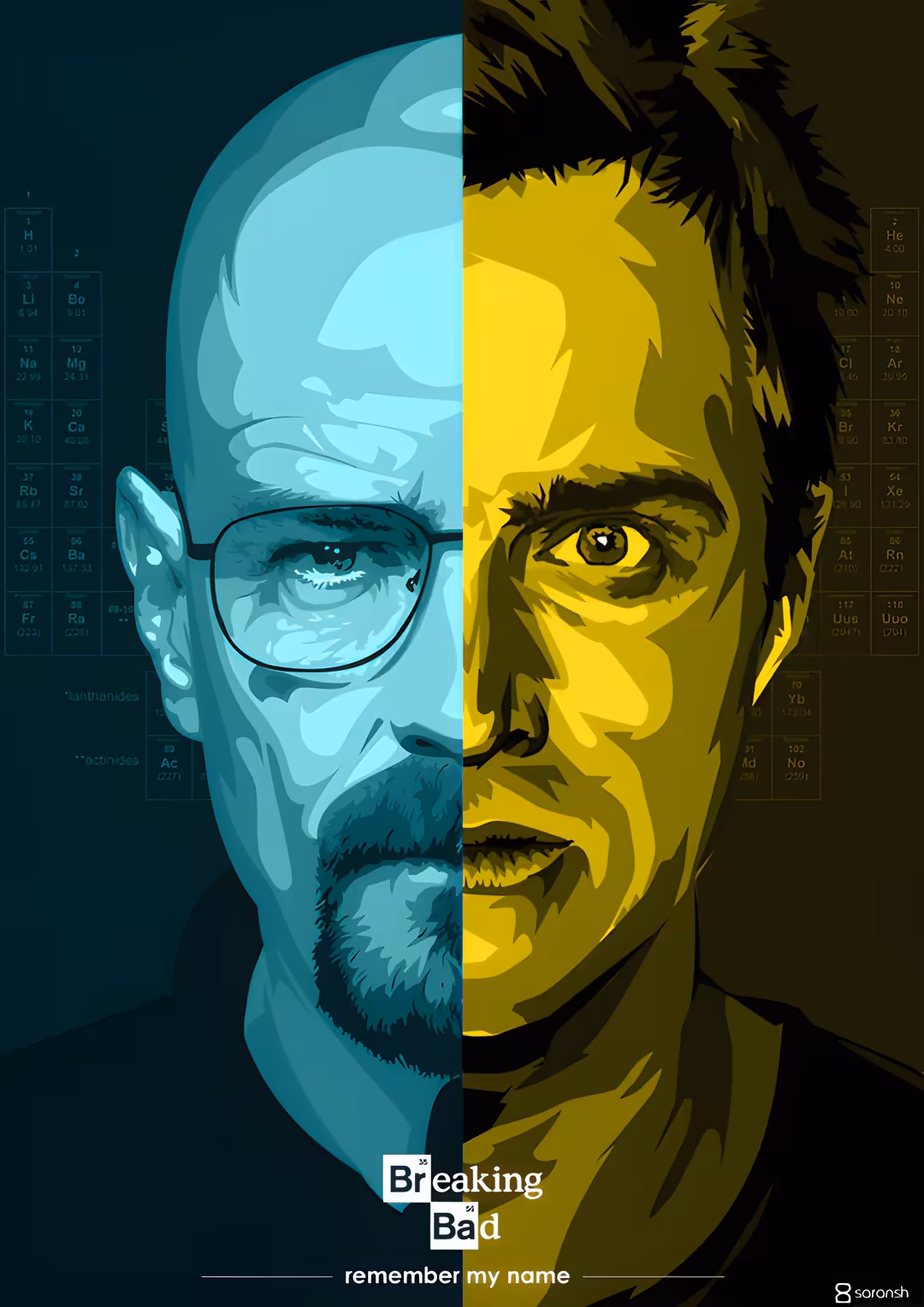 Split portrait artwork with cyan and yellow tones showing a bearded man with glasses on one side, periodic table background e
