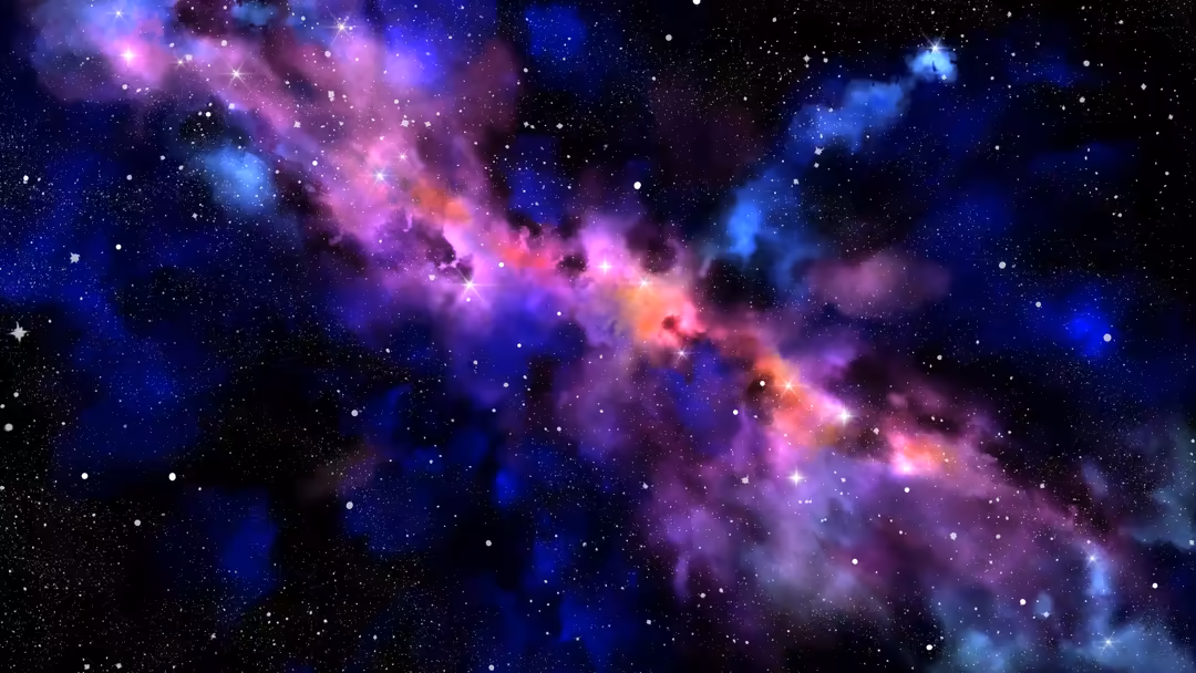 Vibrant cosmic nebula with purple, pink, and blue gas clouds scattered with glowing stars throughout deep space