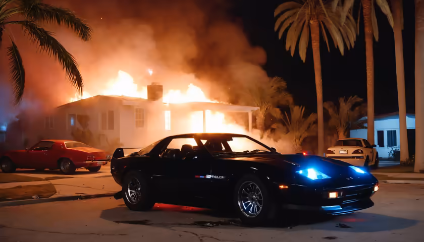 Police Car Night Fire Scene