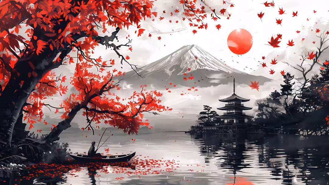 Serene Japanese landscape with snow-capped Mount Fuji in background, red maple leaves falling, traditional pagoda temple refl