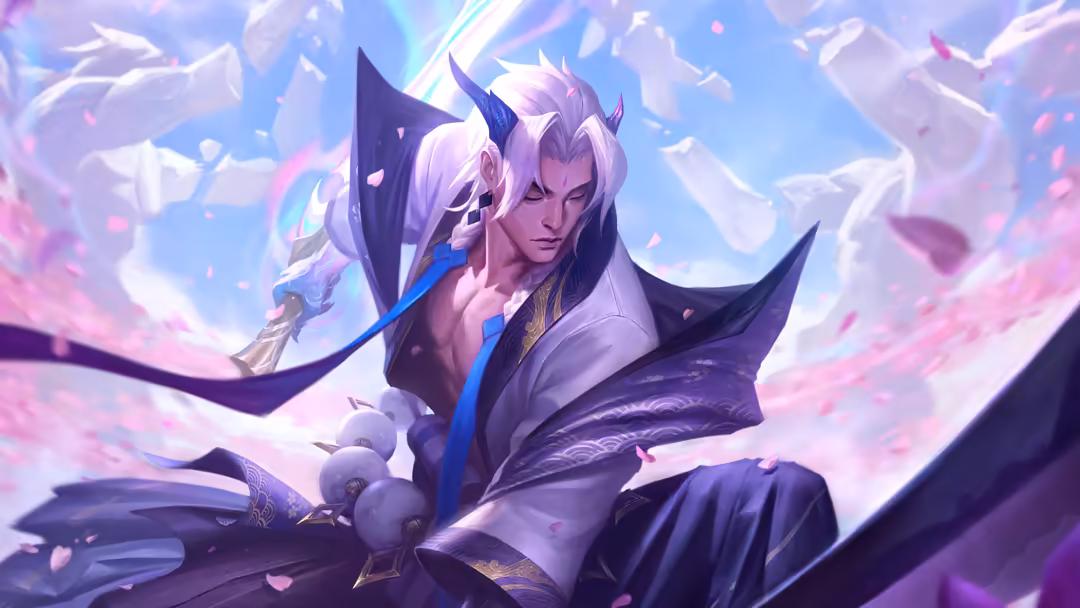 Ethereal anime character with white hair and horns, wielding a mystical weapon amid swirling purple and pink magical petals i