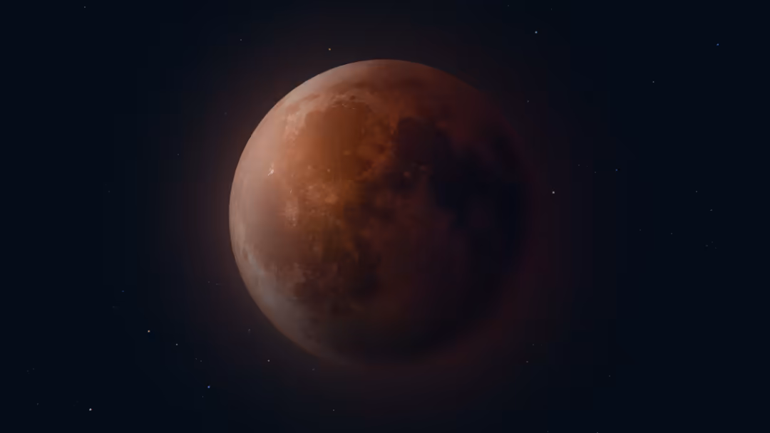 A blood moon glowing deep red and copper against a dark starry sky during a lunar eclipse, surrounded by distant stars
