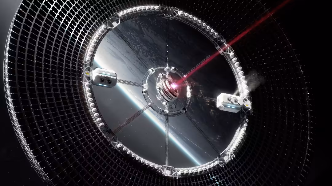 Interior view of space station with solar panels, docking modules, and red laser beam in darkness of space