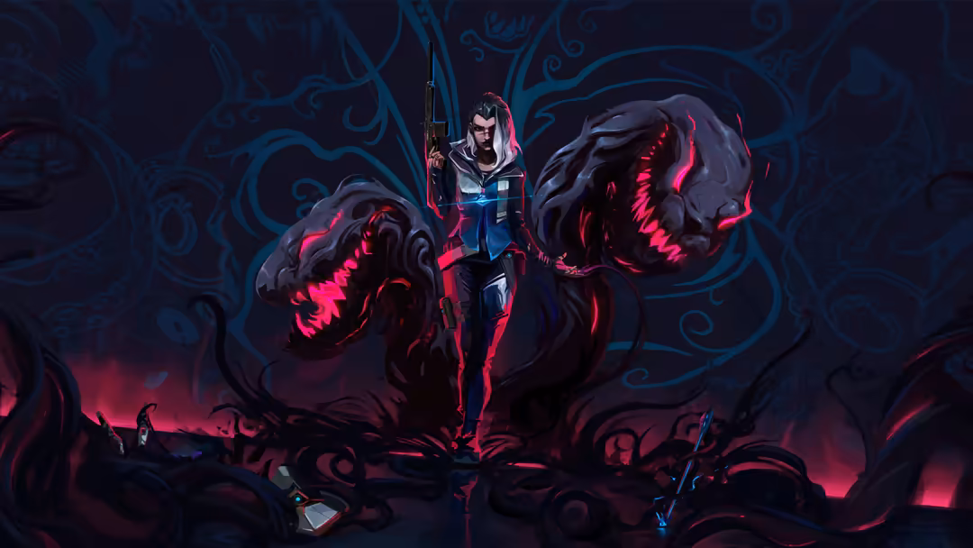 Valorant agent Fade stands with glowing neon pink creatures against ornate dark blue background in cyberpunk aesthetic