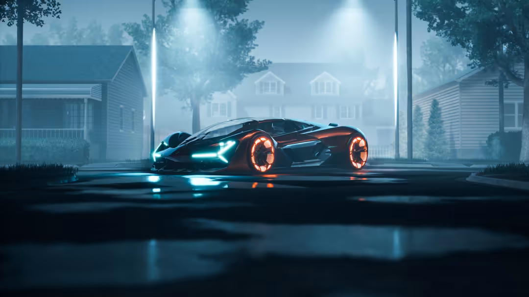 Futuristic Lamborghini Terzo Millennio supercar with glowing neon cyan and red accents parked on wet street with suburban hou