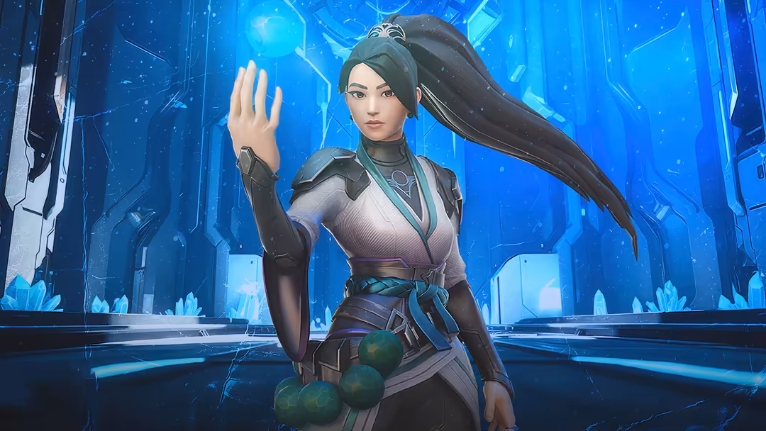 Sage from Valorant in futuristic armor with long dark hair, glowing blue crystals, and magical energy in a neon-lit tech envi