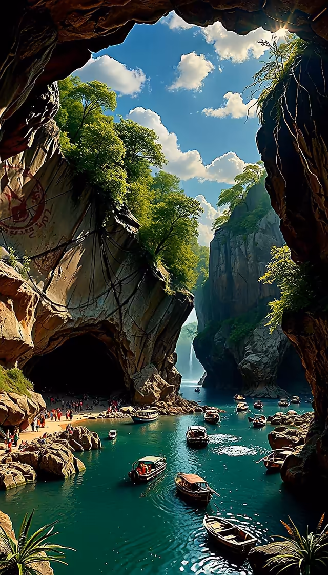 Dramatic cave opening frames turquoise lagoon with limestone cliffs, boats, and lush vegetation under blue sky