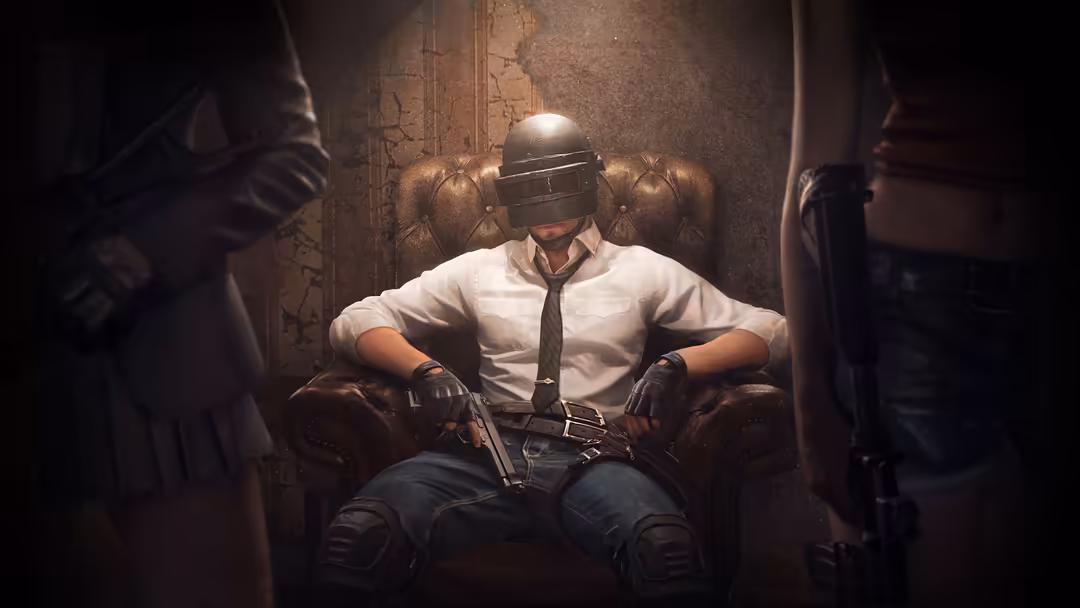 Player in tactical gear sitting in leather chair wearing VR headset, holding weapons, with armed figures approaching in dimly