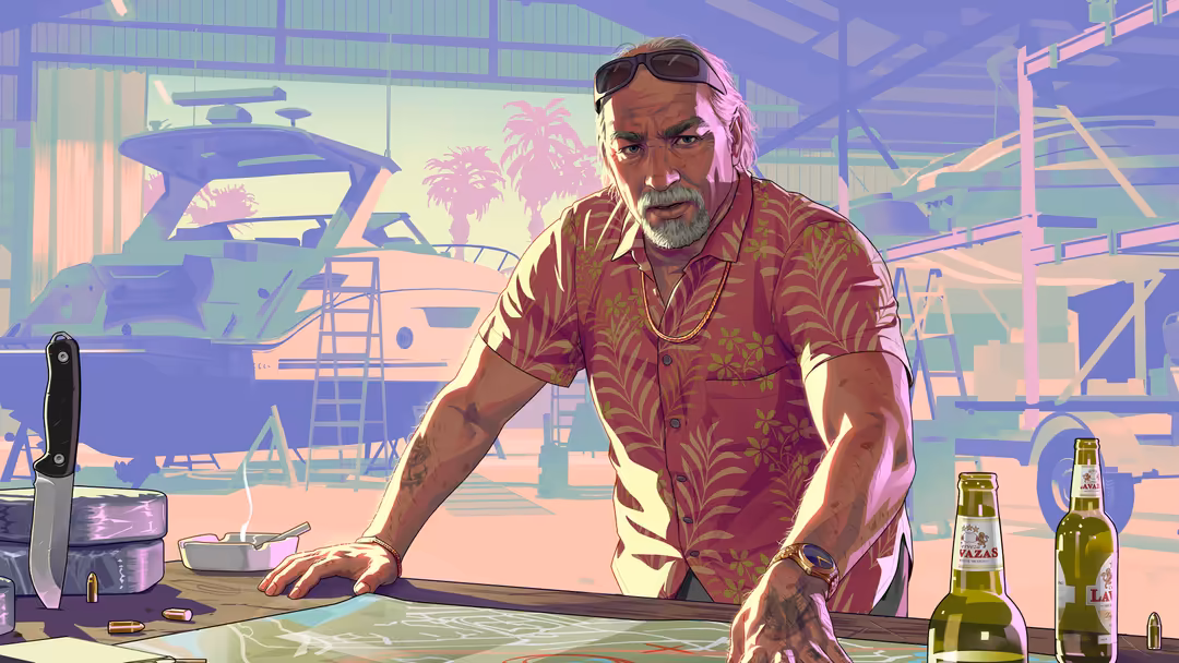 A stylized character in tropical shirt and sunglasses stands at a yacht dock with neon pink and purple lighting, palm trees,