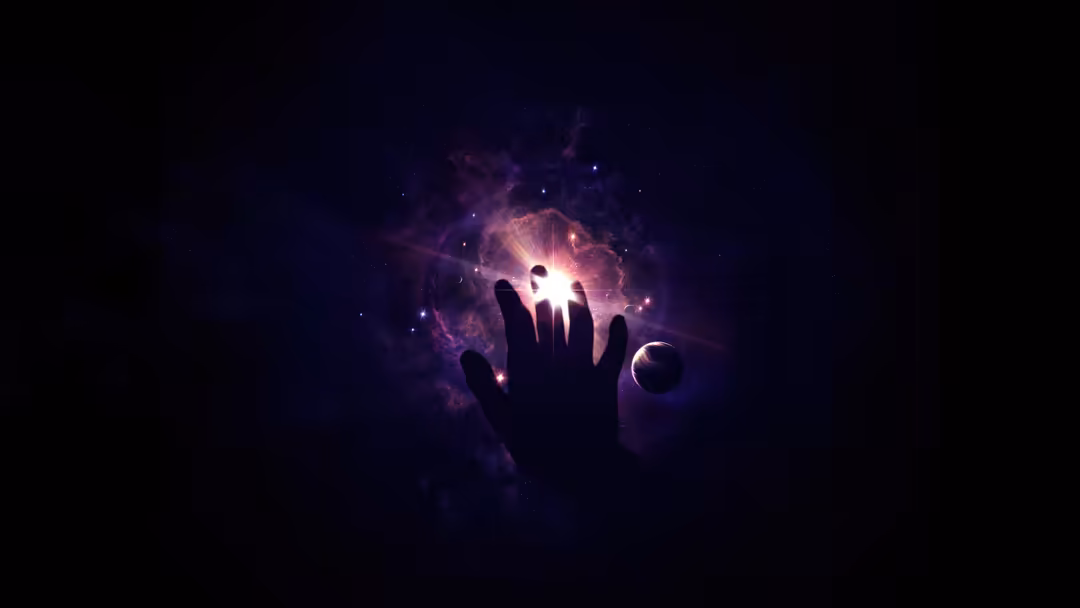 Silhouetted hand reaching toward bright glowing light surrounded by purple cosmic energy and floating particles against dark