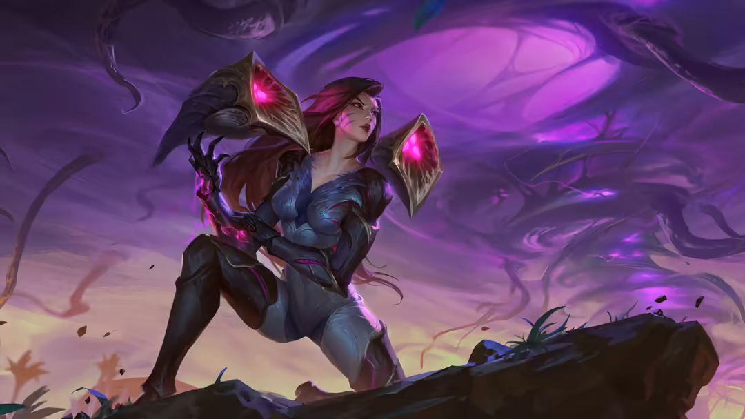 Dark fantasy female warrior with glowing purple magical weapons and armor, standing against mystical purple sky with swirling