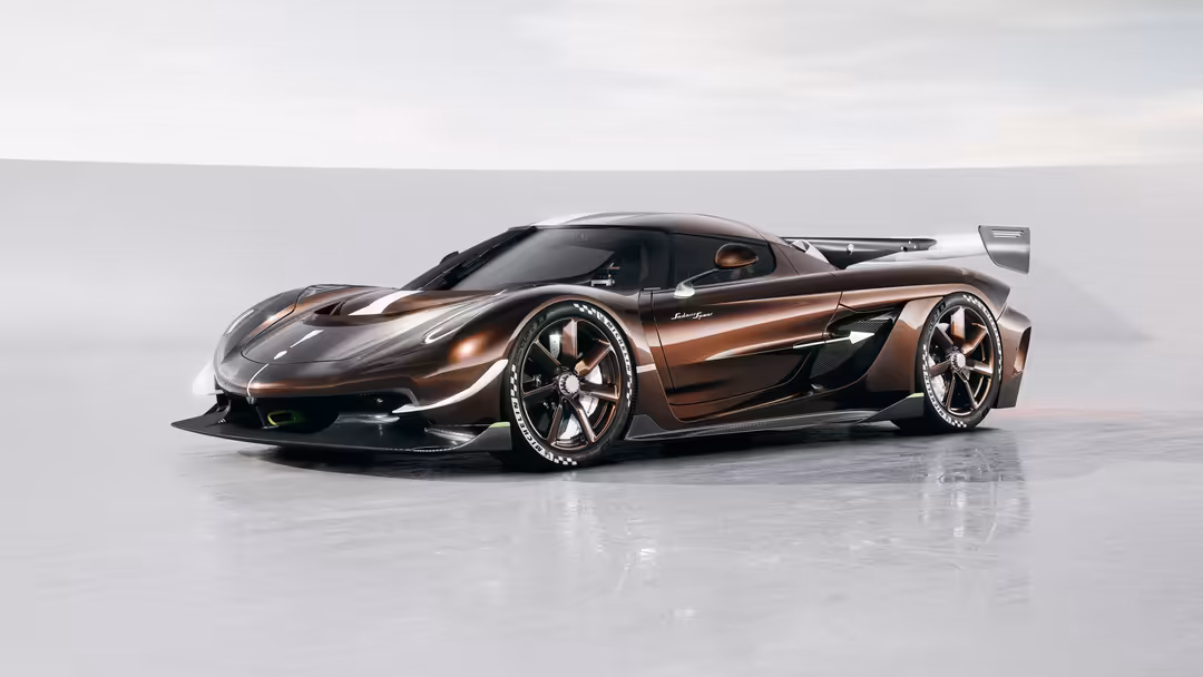 Bronze metallic Koenigsegg Sadir's Spear hypercar with aggressive aerodynamics and custom wheels on a minimalist background
