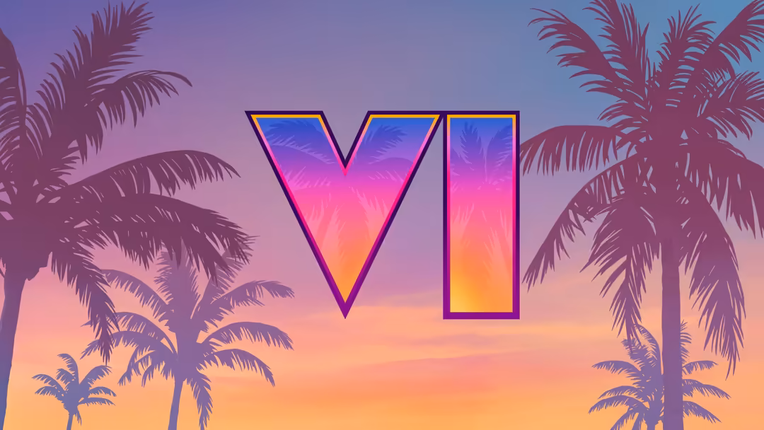 Neon GTA VI logo with gradient fill between purple and orange, framed by silhouetted palm trees against a vibrant sunset sky
