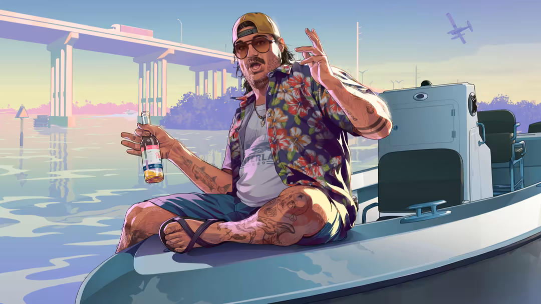 Stylized character sitting on a yacht with colorful shirt and sunglasses, holding a drink, with neon-lit bridge and planes in