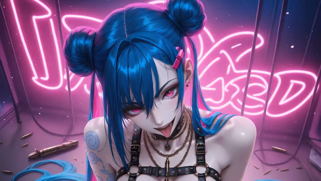 Anime girl with bright blue dual buns hairstyle and pink neon glowing eyes in a cyberpunk setting with pink neon lights and d