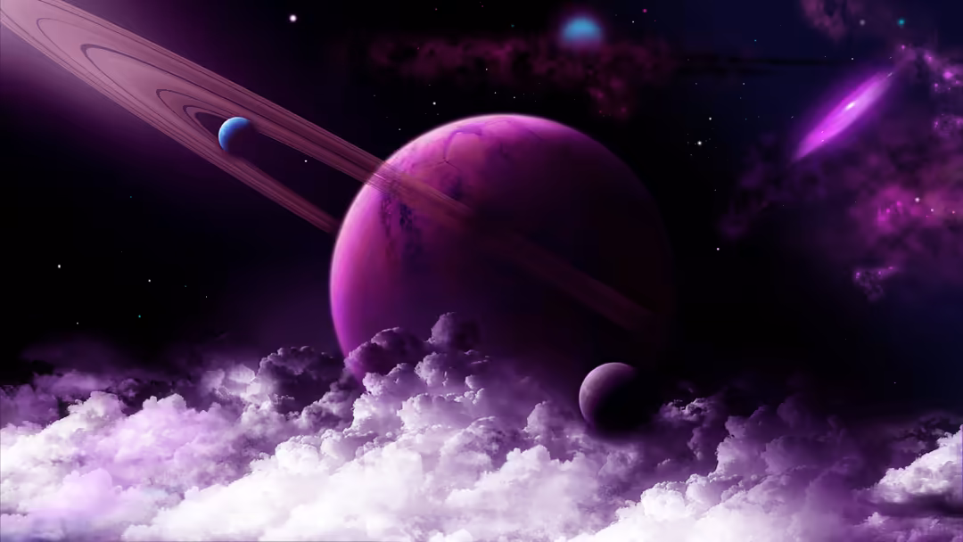 A vibrant purple planet with rings surrounded by glowing nebula clouds and smaller moons in a dark cosmic space filled with s