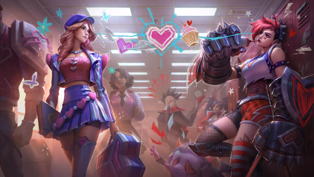 Animated female and male game characters in neon-lit arena with floating hearts and stars, vibrant purple and pink lighting e