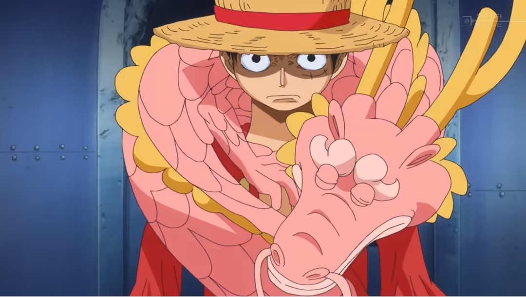 Anime character Monkey D. Luffy wearing a straw hat and pink coat with yellow accents, displaying a confident expression agai