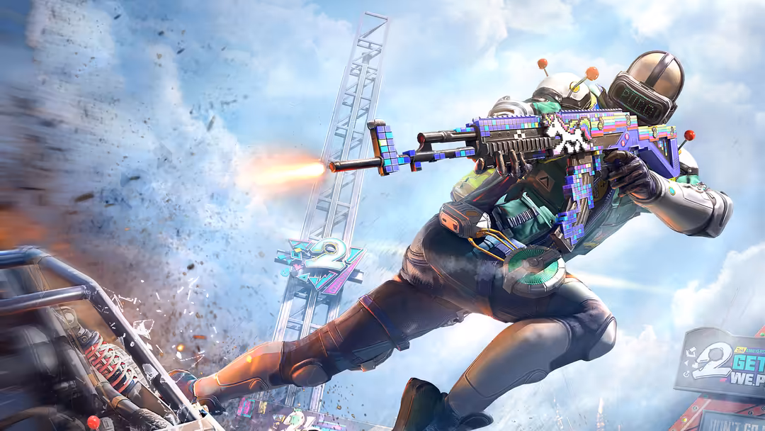 Armed soldier in tactical gear firing colorful weapon mid-air with explosions and tower in background during intense combat.