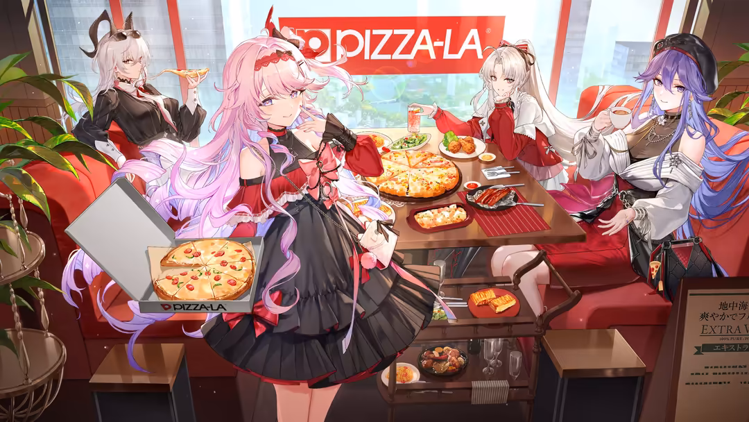 Anime characters with colorful hair gathered around a table enjoying pizza at a vibrant pizza restaurant with red and white d