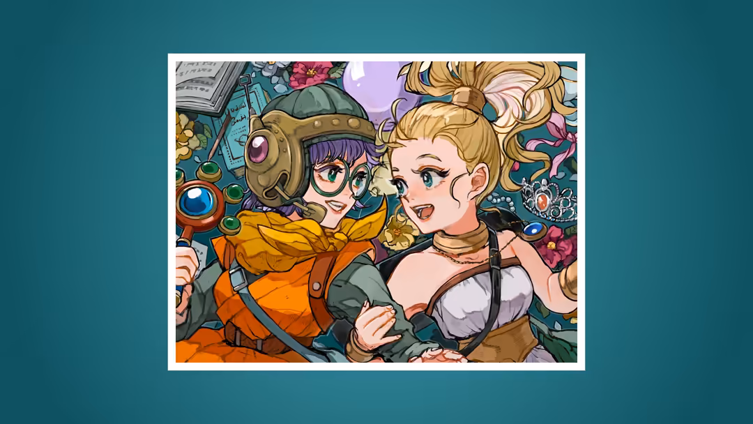 Two cheerful anime girls with steampunk accessories and colorful outfits surrounded by gears and mechanical elements, celebra