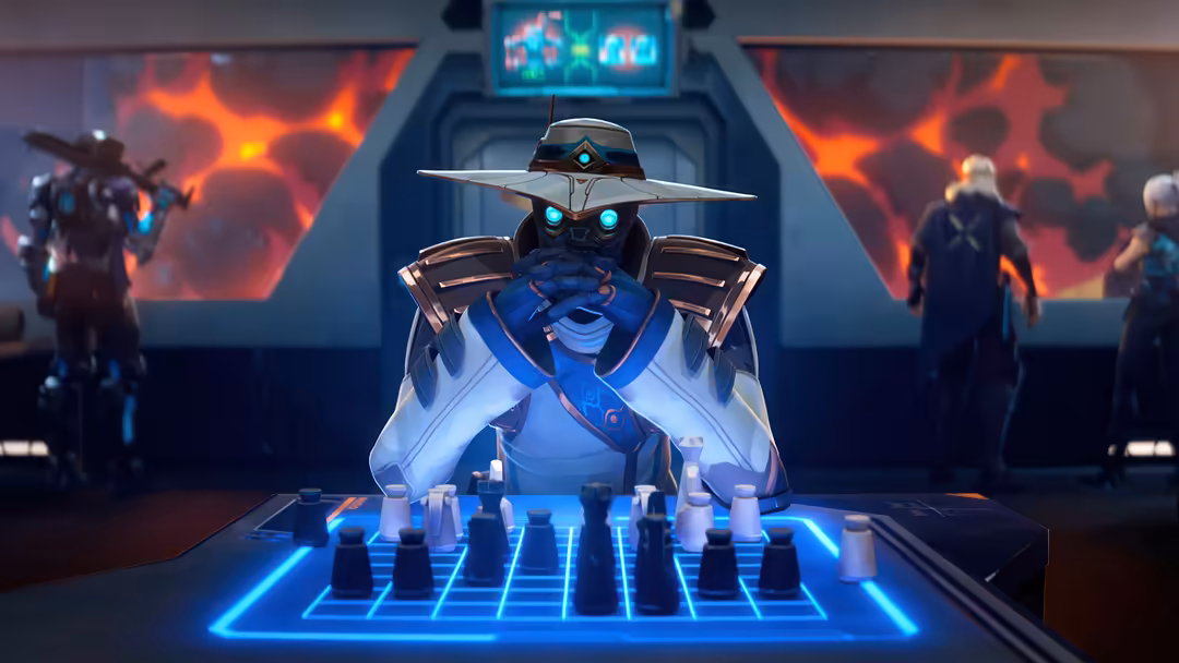Cypher from Valorant in cybernetic armor with glowing blue accents, standing at a high-tech control panel with holographic di