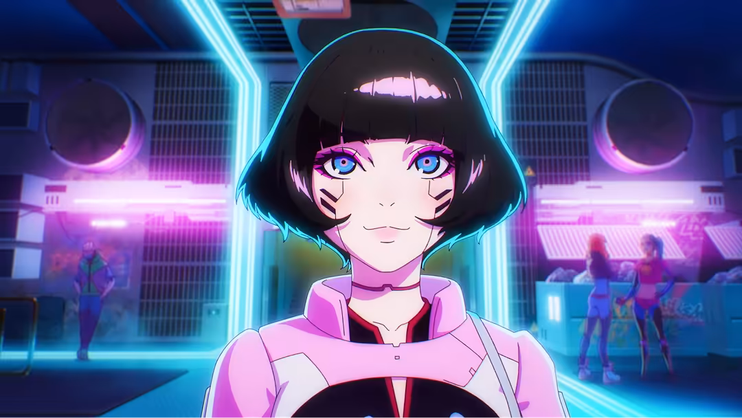Anime girl with black bob hair and blue eyes wearing pink jacket in neon-lit cyberpunk city with glowing cyan and magenta lig
