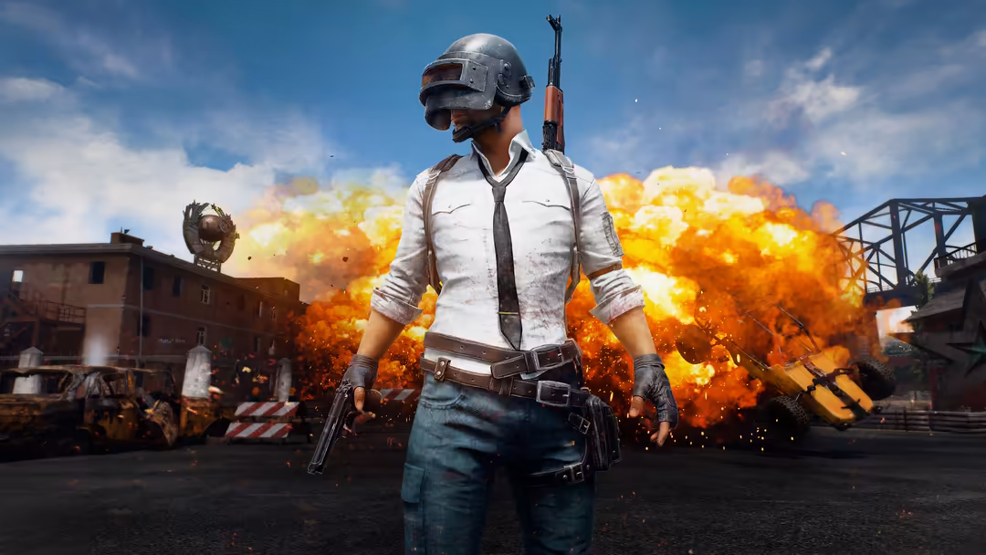 Armed soldier in white shirt and helmet stands confidently amid massive explosions and destruction in an intense battle scene
