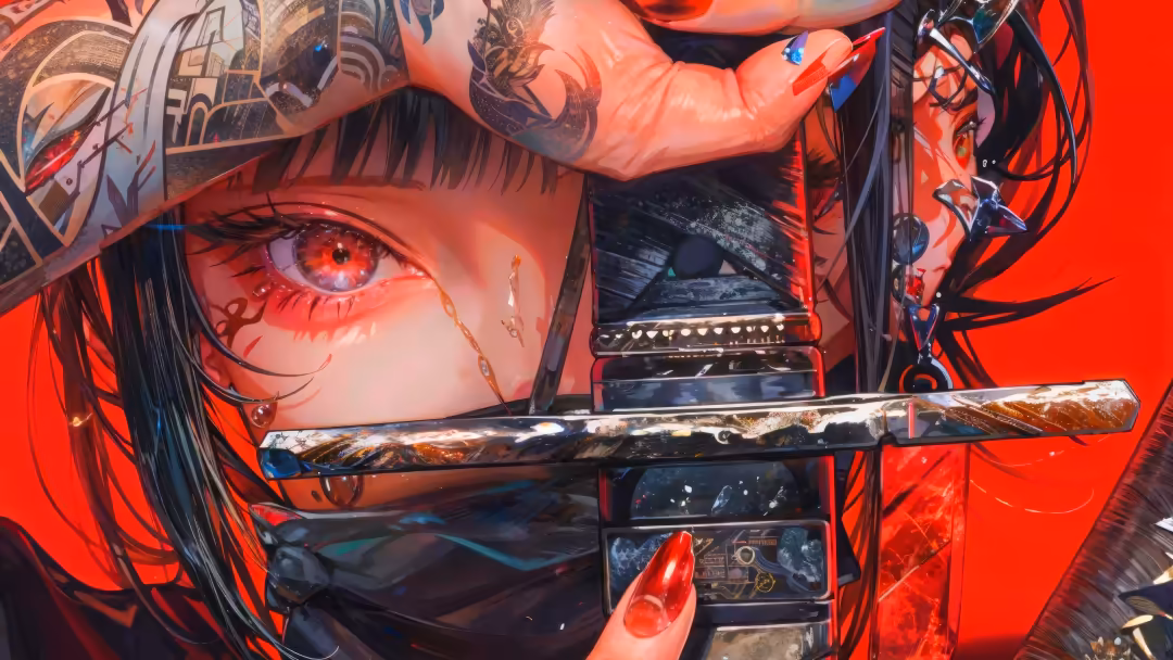 Anime girl with glowing red eyes and cybernetic headgear surrounded by futuristic neon technology and circuits against a dram