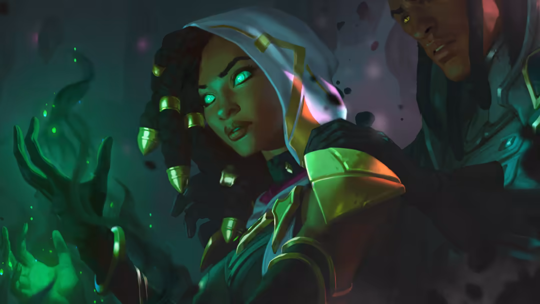 Cyberpunk character with glowing green eyes, neon-lit armor, and ethereal energy effects in atmospheric sci-fi setting